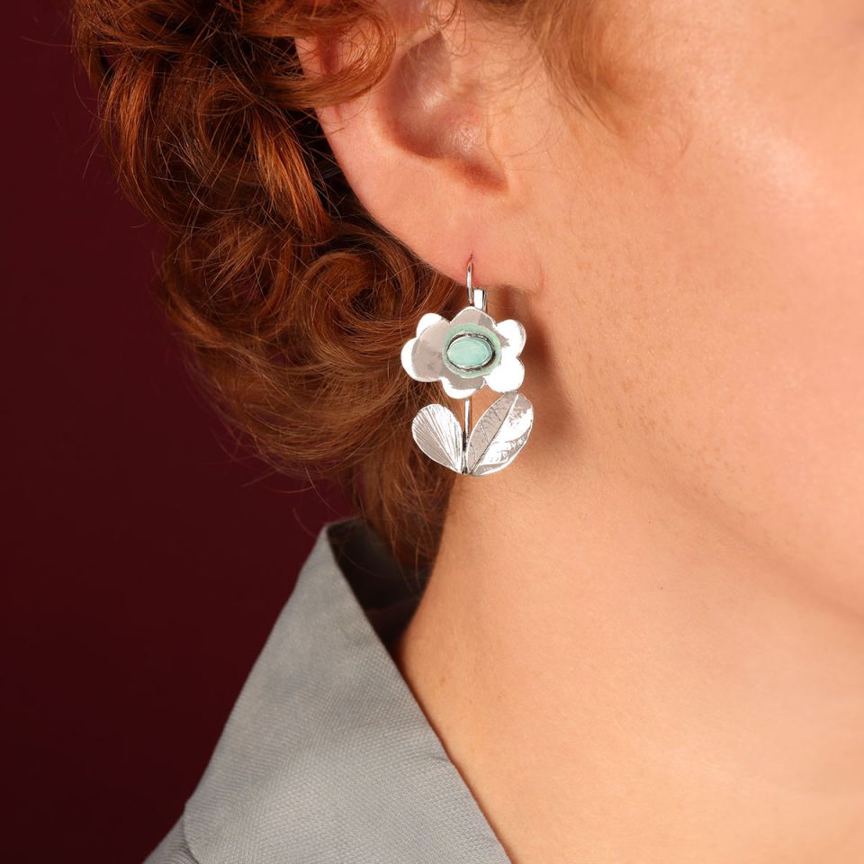 Taratata Jewellery - Turquoise Silver Flower with Stem Earrings