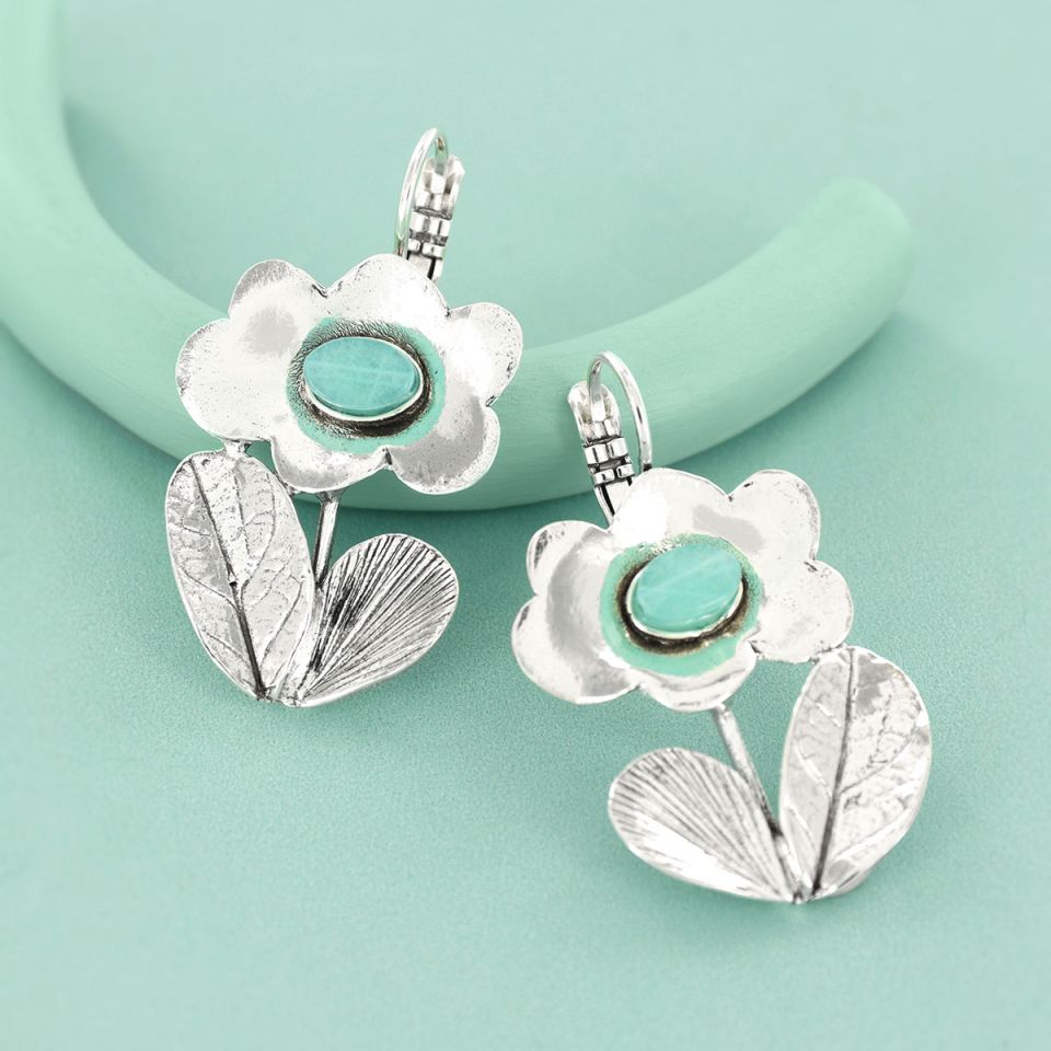 Taratata Jewellery - Turquoise Silver Flower with Stem Earrings