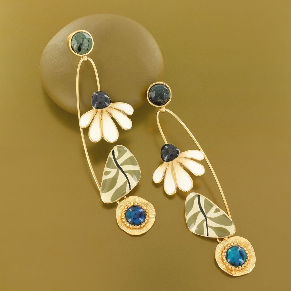 Taratata Jewellery Long Stud Zen Flower Beaded Earrings