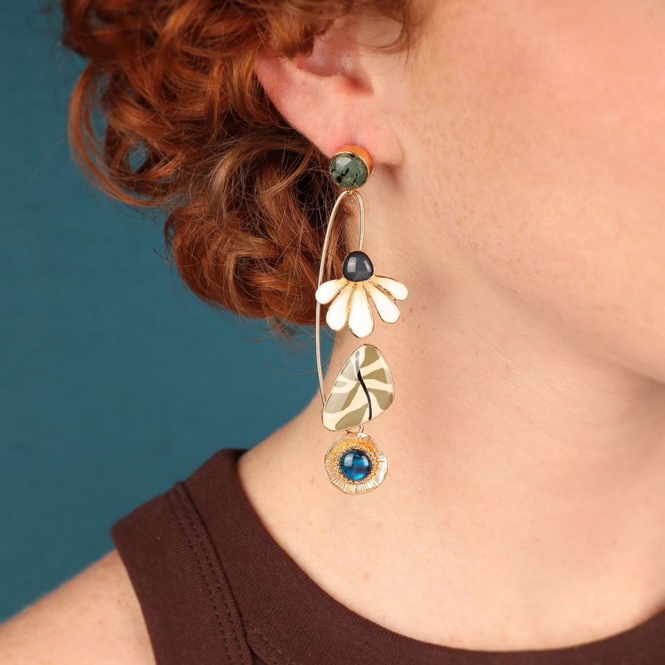 Taratata Jewellery Long Stud Zen Flower Beaded Earrings