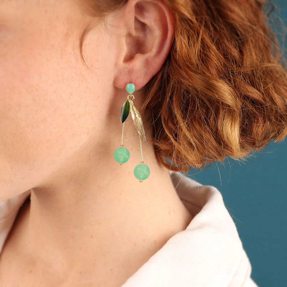 Taratata Jewellery - Green Leaf with Bead Stud Earrings