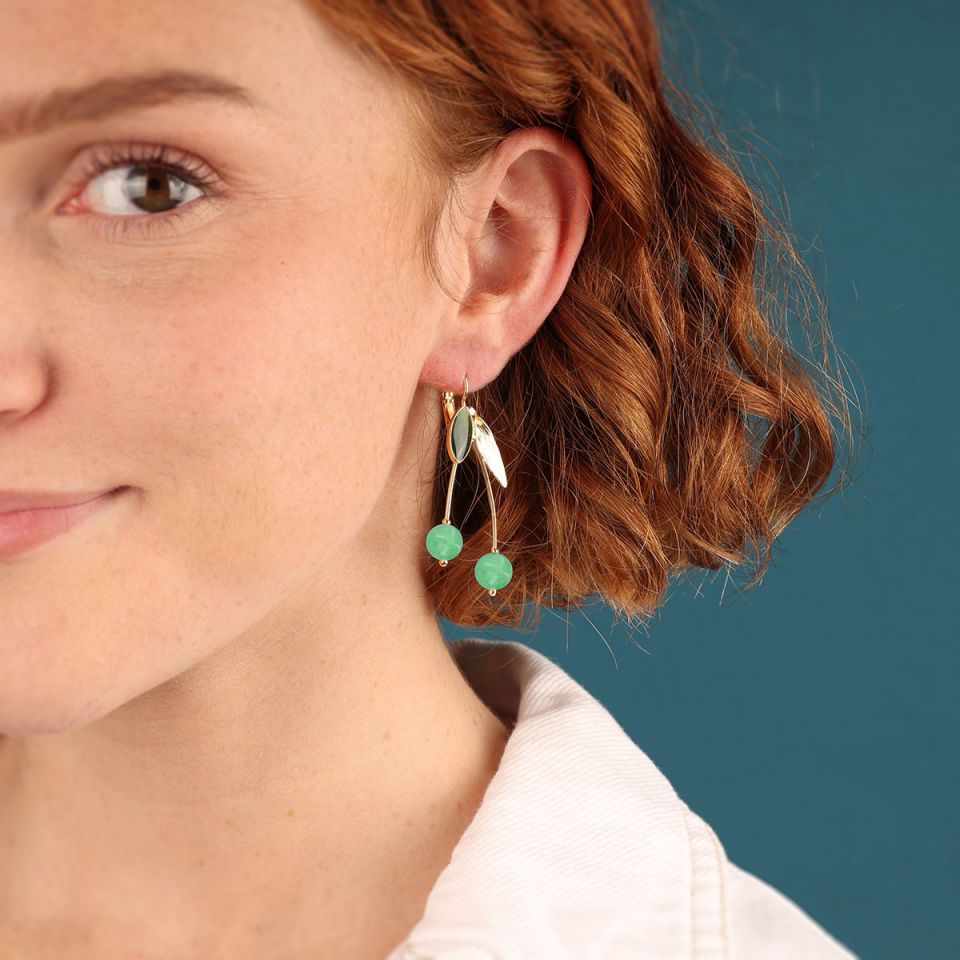 Taratata Jewellery - Green Leaf with Bead Lever Back Earrings