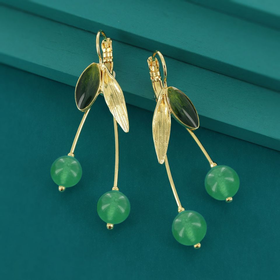 Taratata Jewellery - Green Leaf with Bead Lever Back Earrings