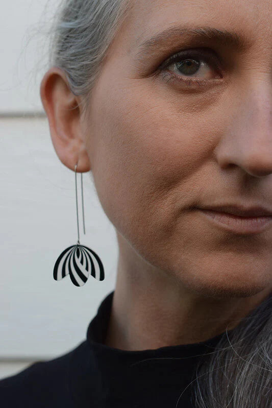 Monochrome Art Deco Drapes Long Drop Hook Earrings