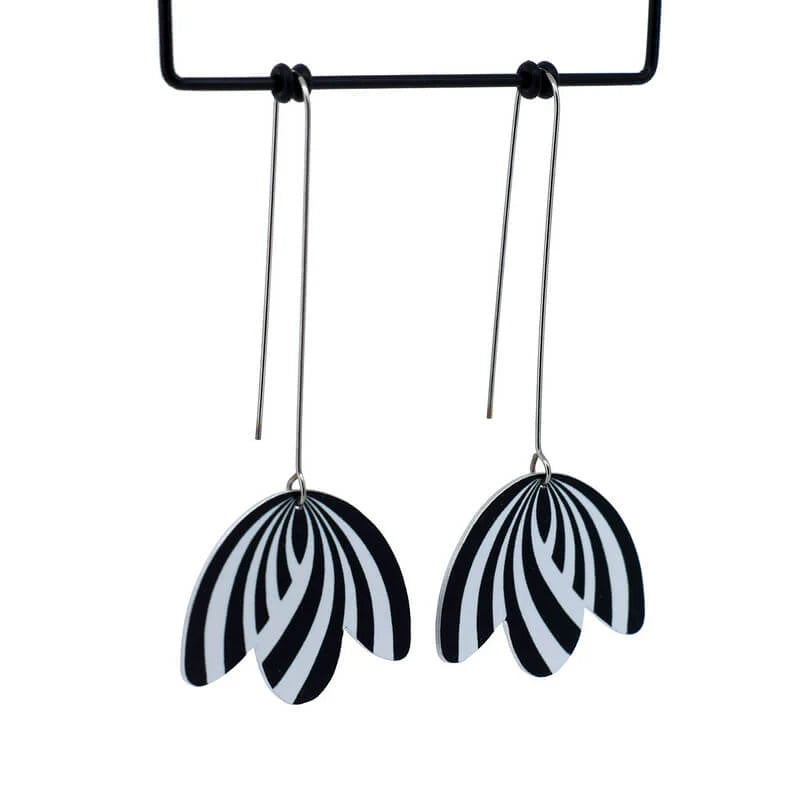 Monochrome Art Deco Drapes Long Drop Hook Earrings