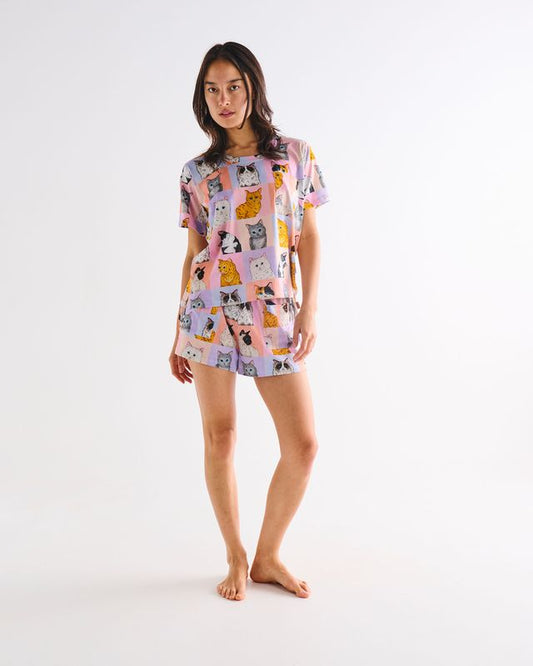 Kip and Co Organic Cotton Short Sleeve T-Shirt & Shorts Pyjama Set - Kitty Cat