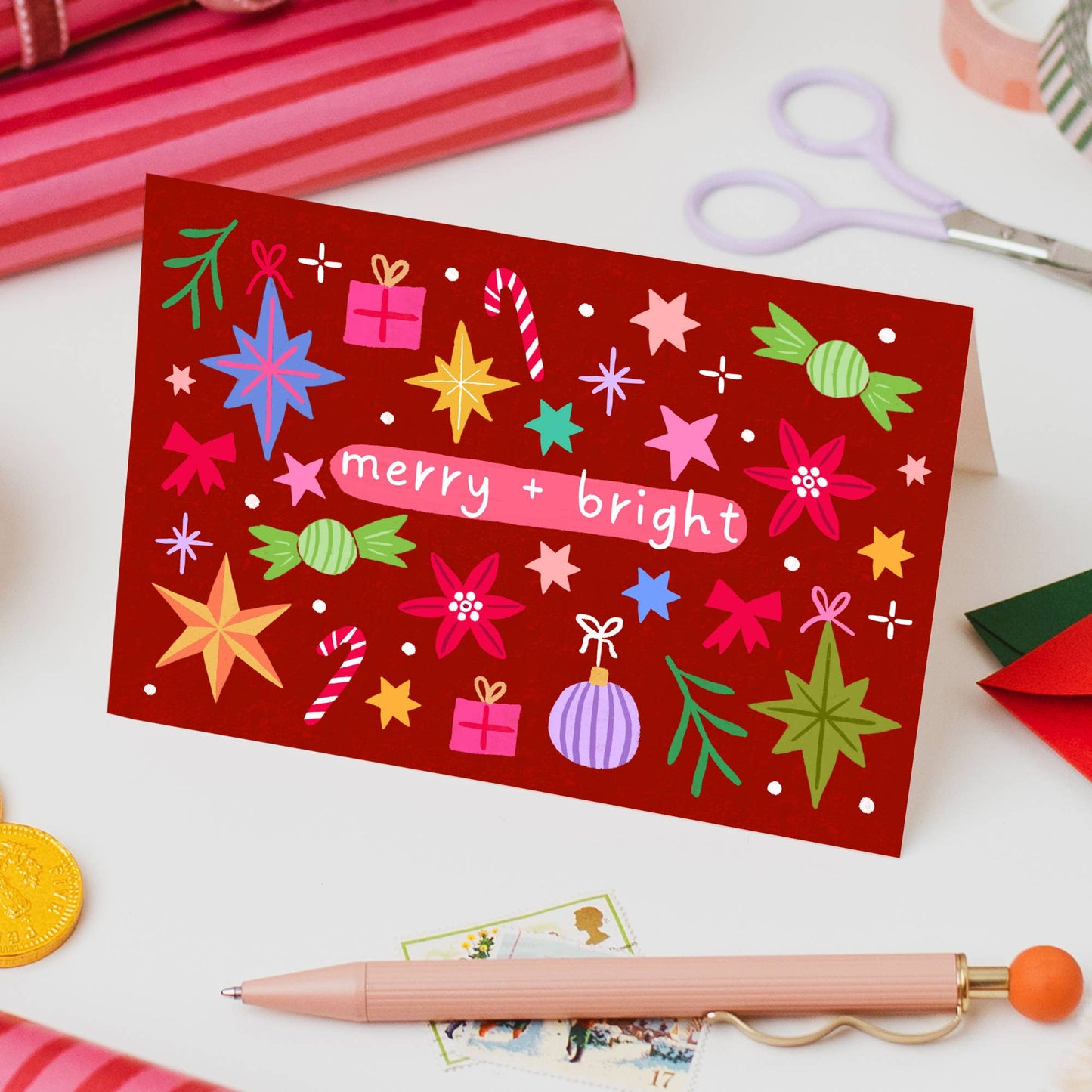 "Merry and Bright" Christmas Card | Hand Drawn Card Red