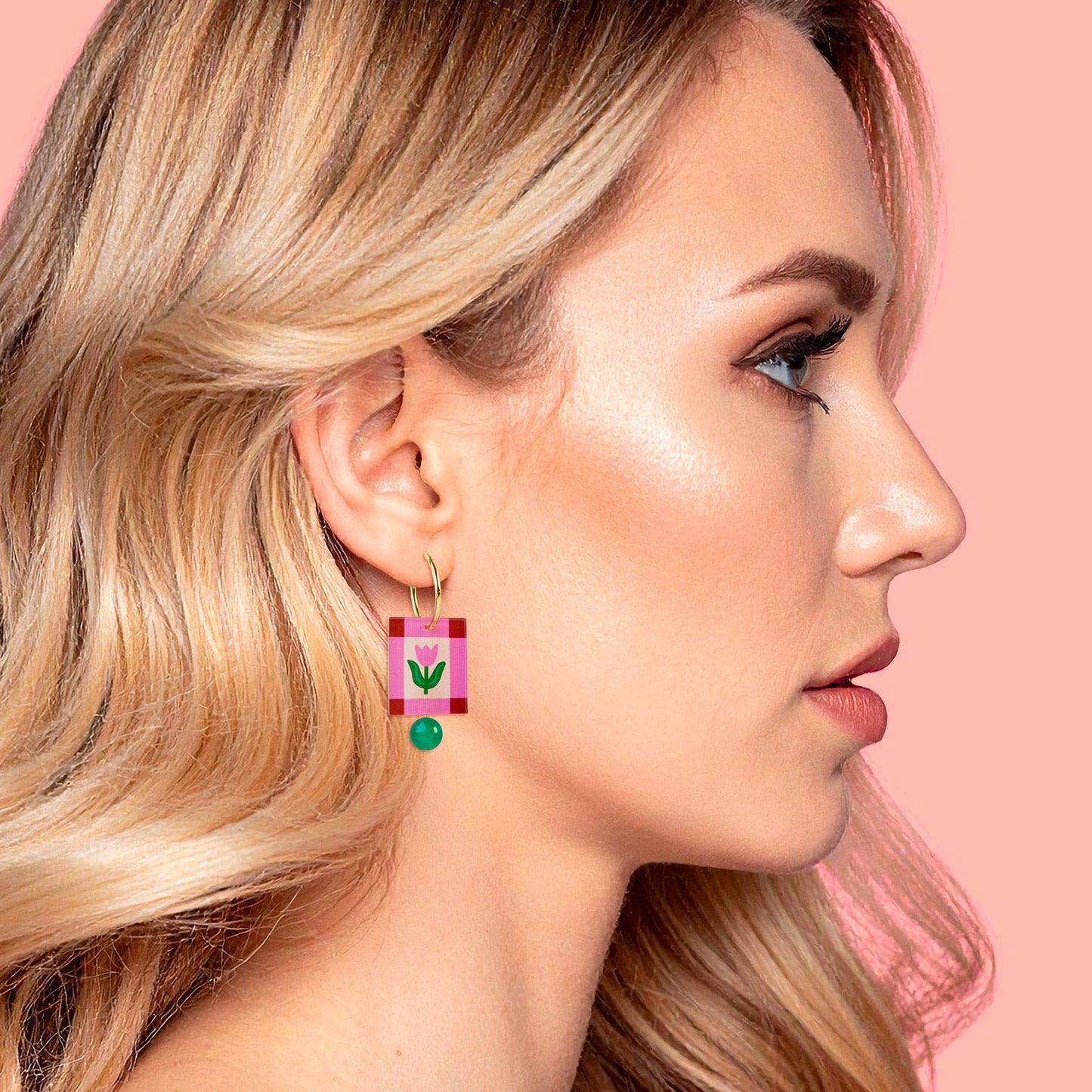 Pink Folk Floral Hoop Earrings Rectangle Charm Gold Plated