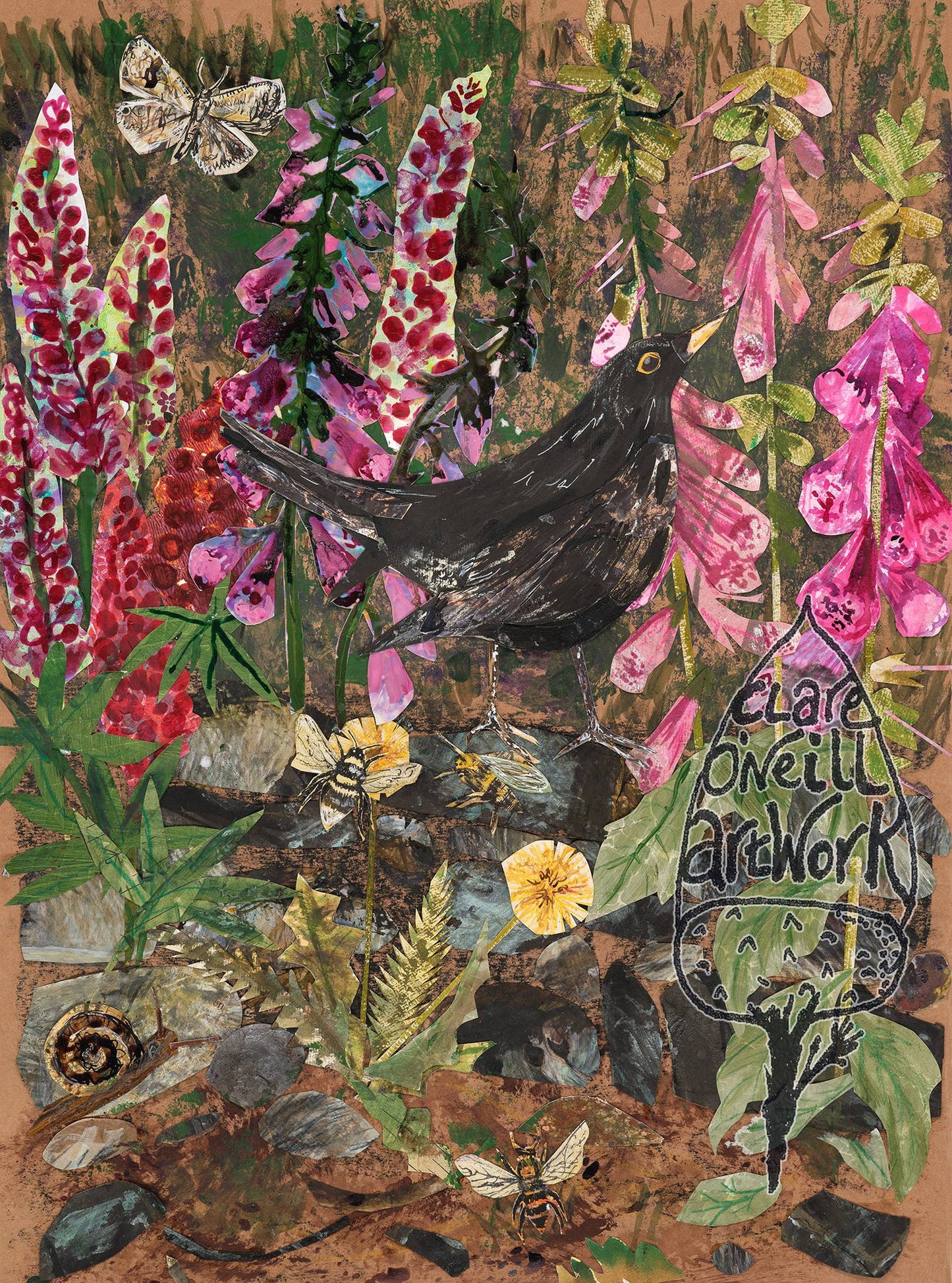 LARGE Blackbird in foxgloves blank greeting card