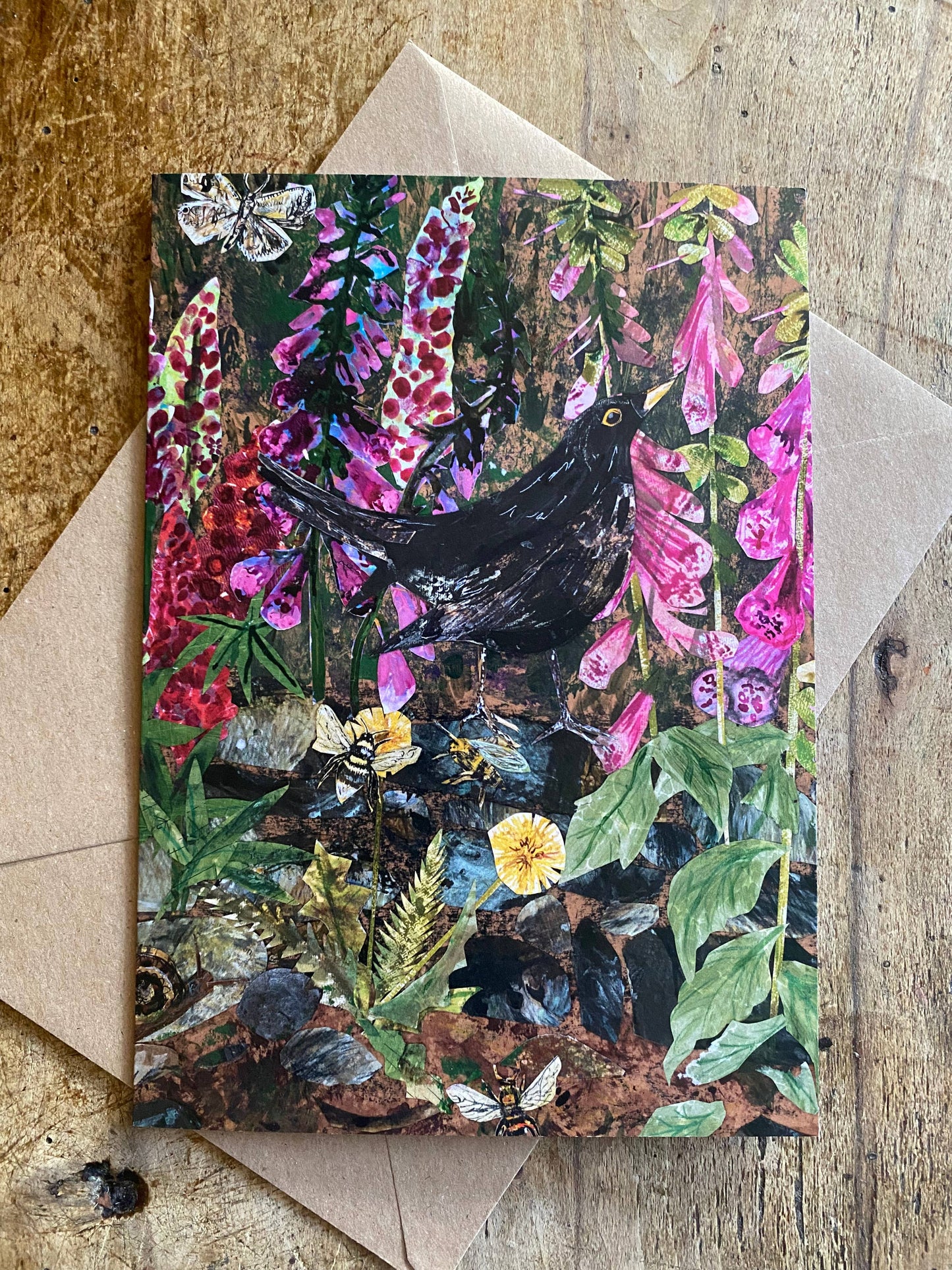 LARGE Blackbird in foxgloves blank greeting card