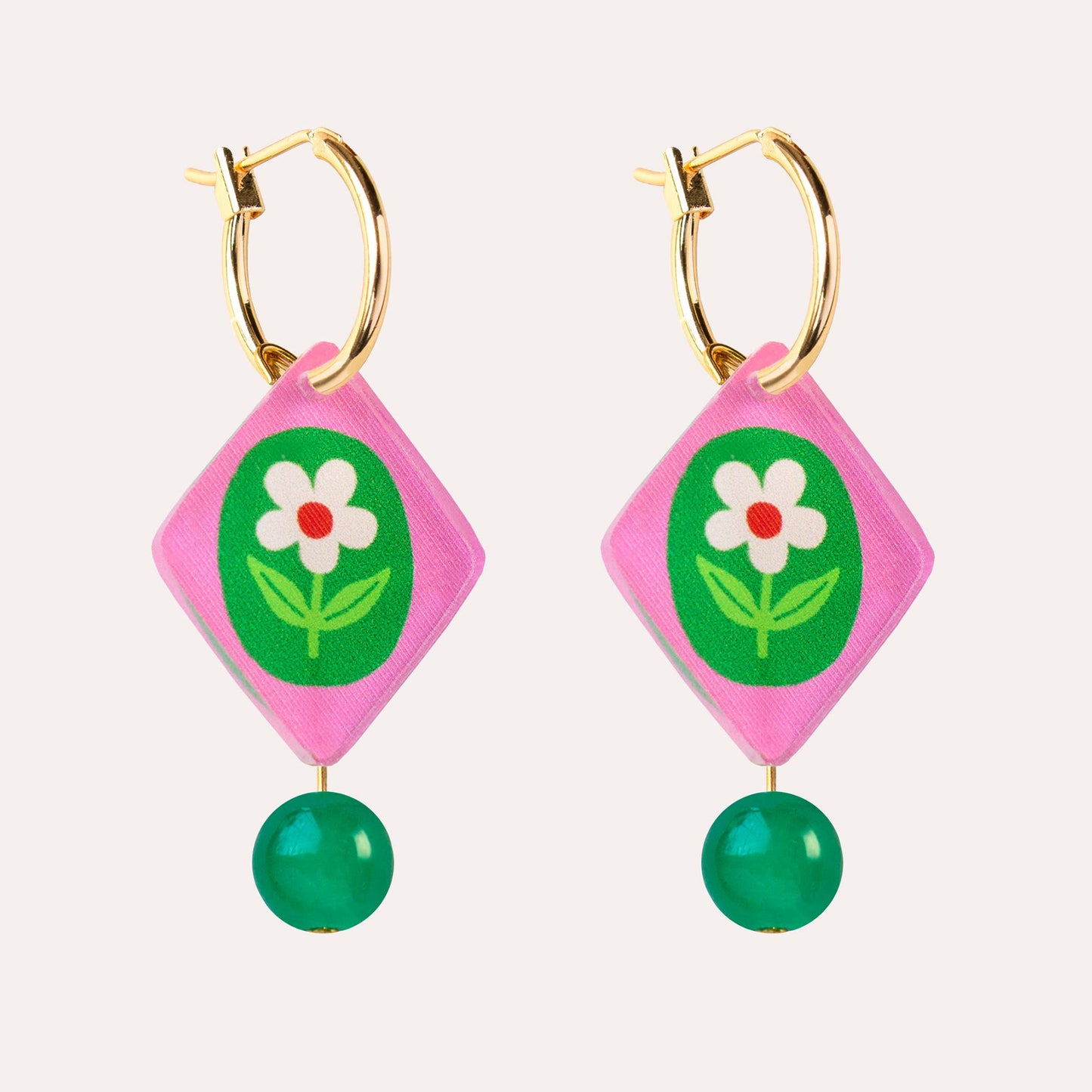 Pink Floral Charm Hoop Earrings Diamond Charm Gold Plated