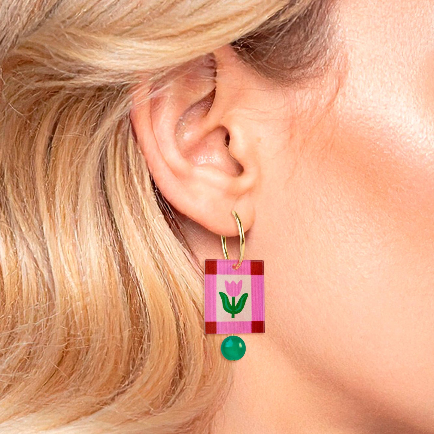 Pink Folk Floral Hoop Earrings Rectangle Charm Gold Plated