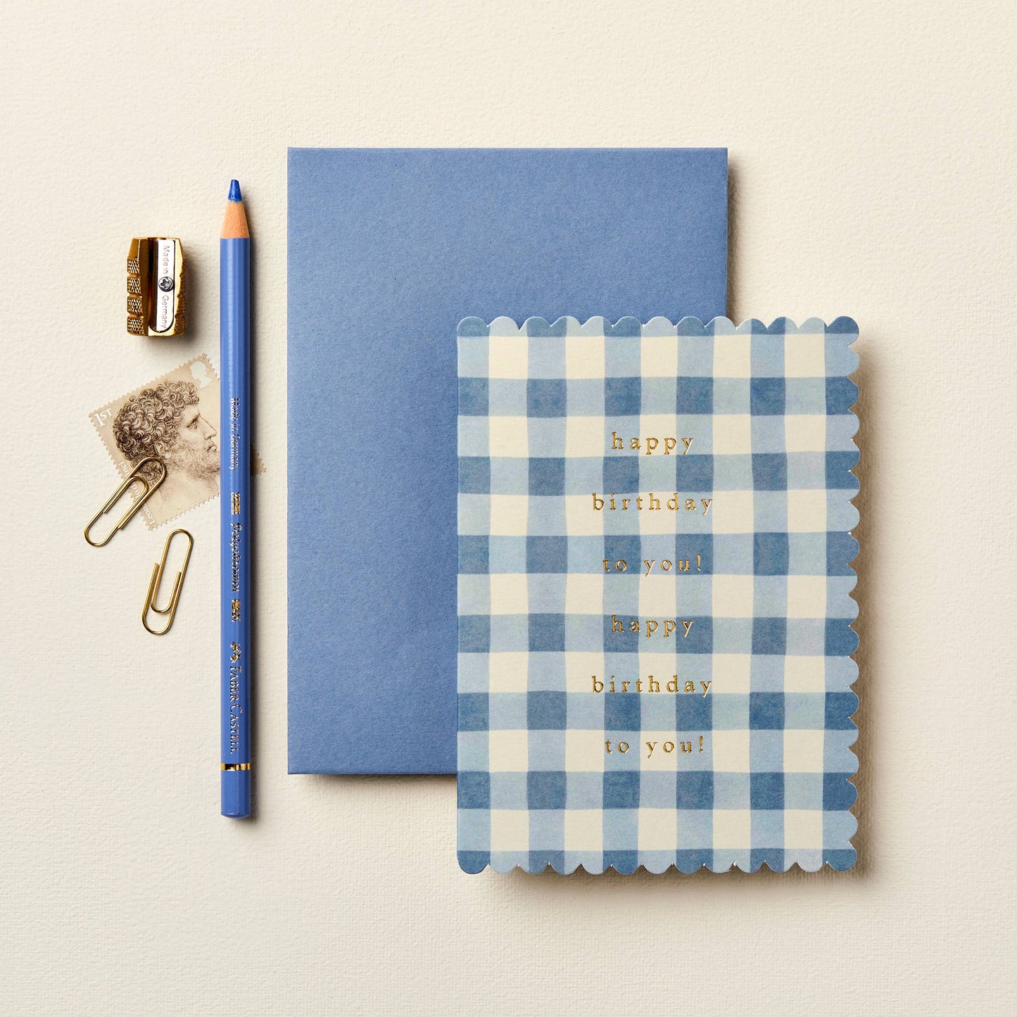 Mid Blue Gingham 'Happy Birthday' Card