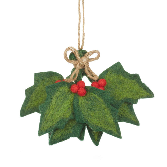 Handmade Felt Biodegradable Holly Sprig Christmas Hanging