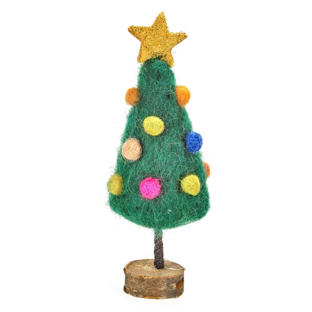 Handmade Felt Mini Xmas Tree on Wooden Stand Standing Decor