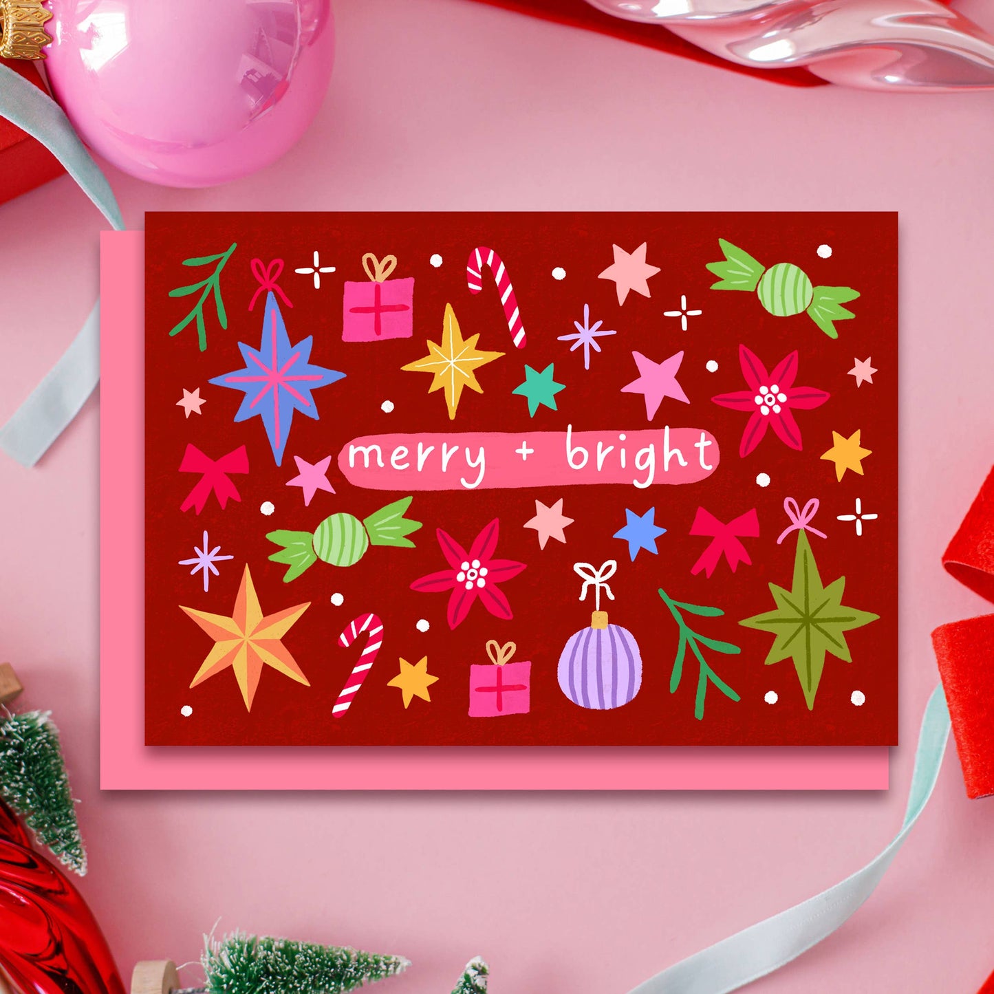 "Merry and Bright" Christmas Card | Hand Drawn Card Red